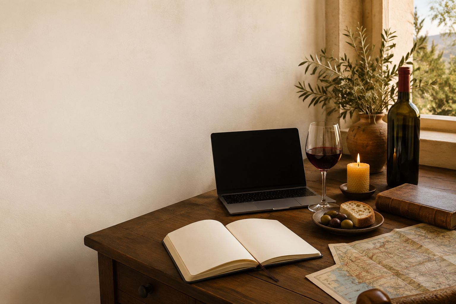 Scrivania in stile mediterraneo con laptop aperto, un calice di vino rosso, una candela accesa, pane e olive, un libro antico e una mappa di viaggio, illuminati da luce calda