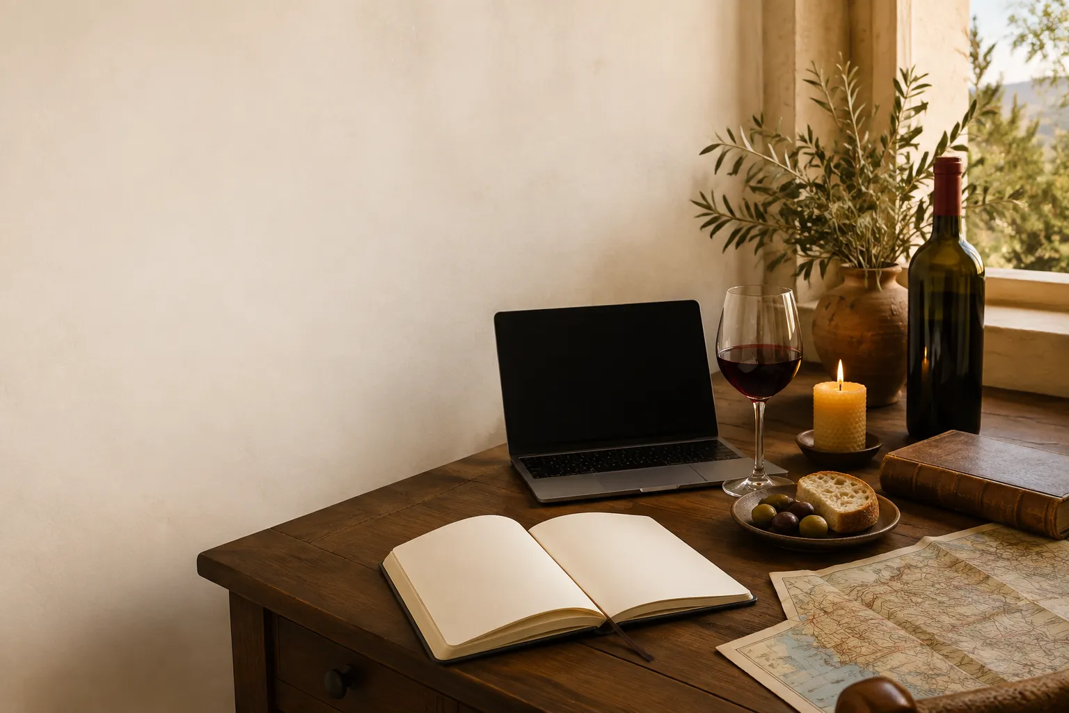 Scrivania in stile mediterraneo con laptop aperto, un calice di vino rosso, una candela accesa, pane e olive, un libro antico e una mappa di viaggio, illuminati da luce calda